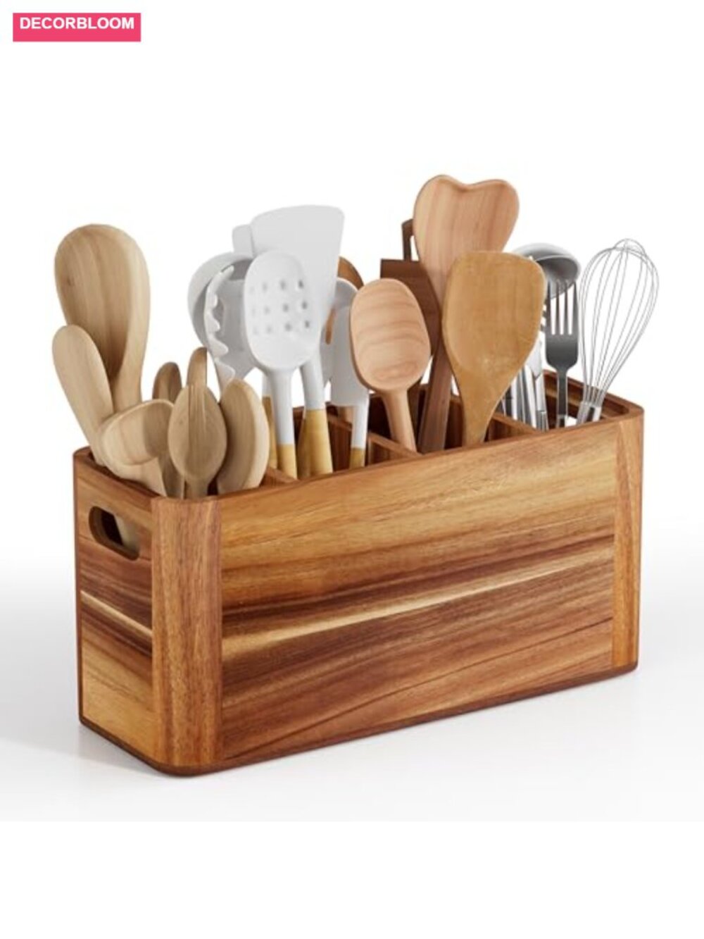 Extra Large Acacia Wood Utensil Holder 4 Compartment Kitchen Countertop
